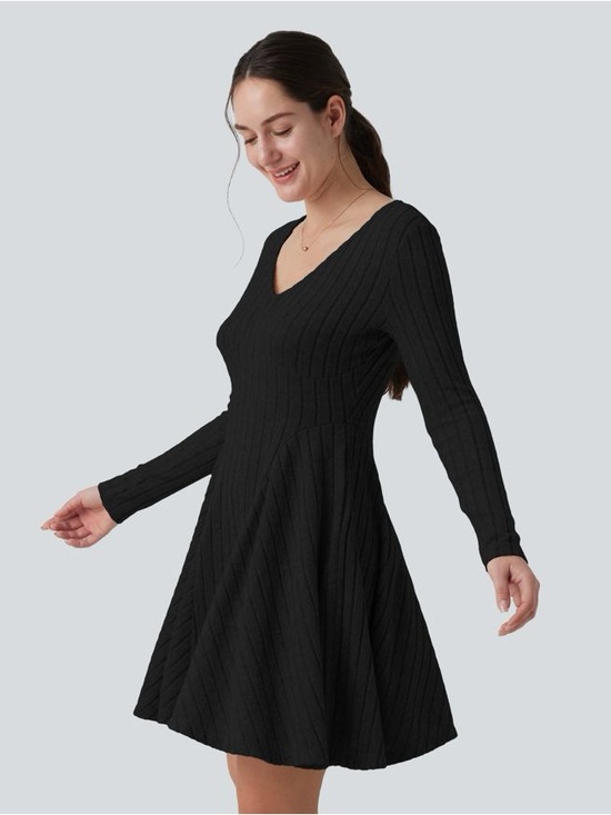 HALARA Dresses & Skirts - Halara Ribbed Knit V Neck Long Sleeve Flare Mini Casual Dress
